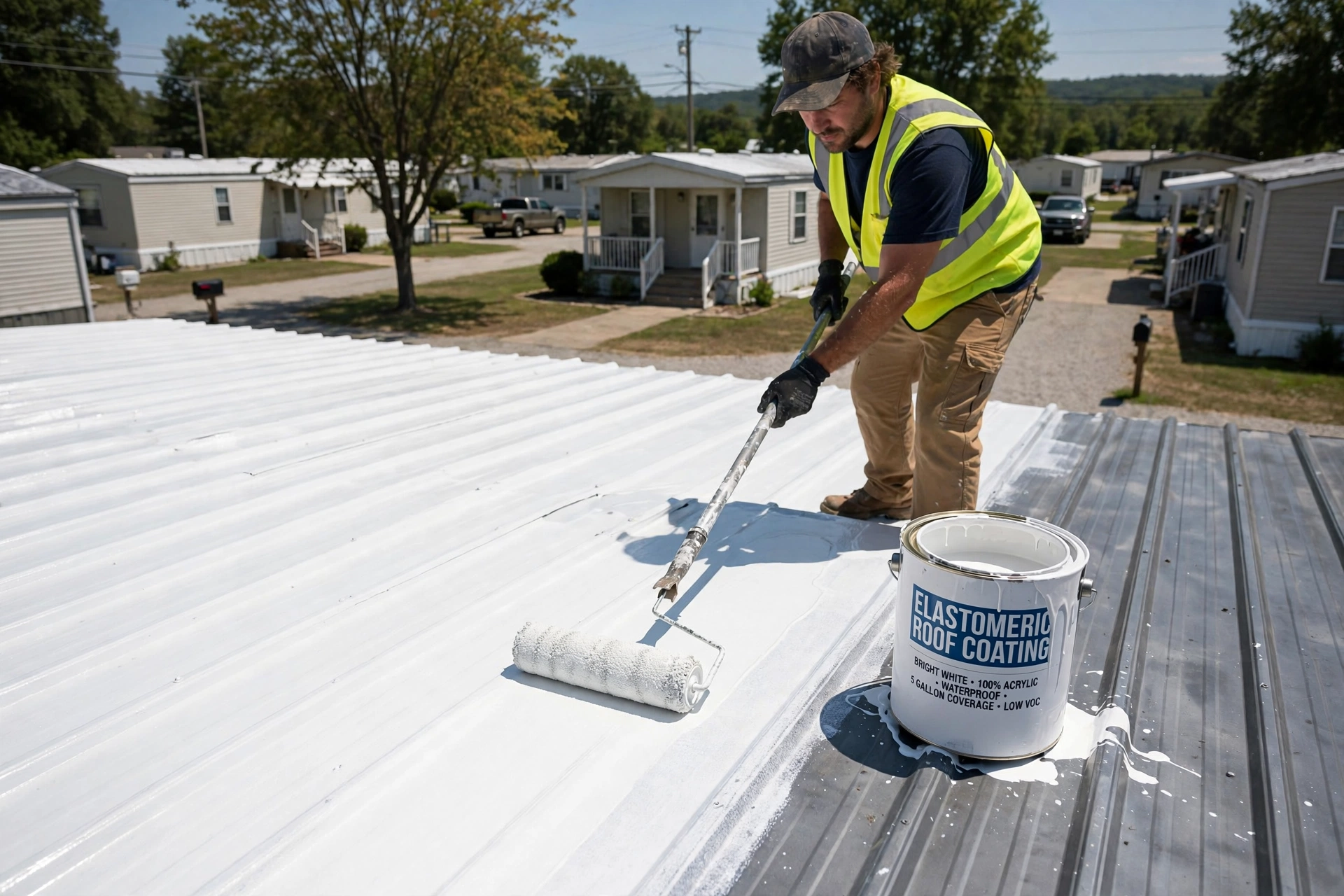 Applying white roof coating on a mobile home roof