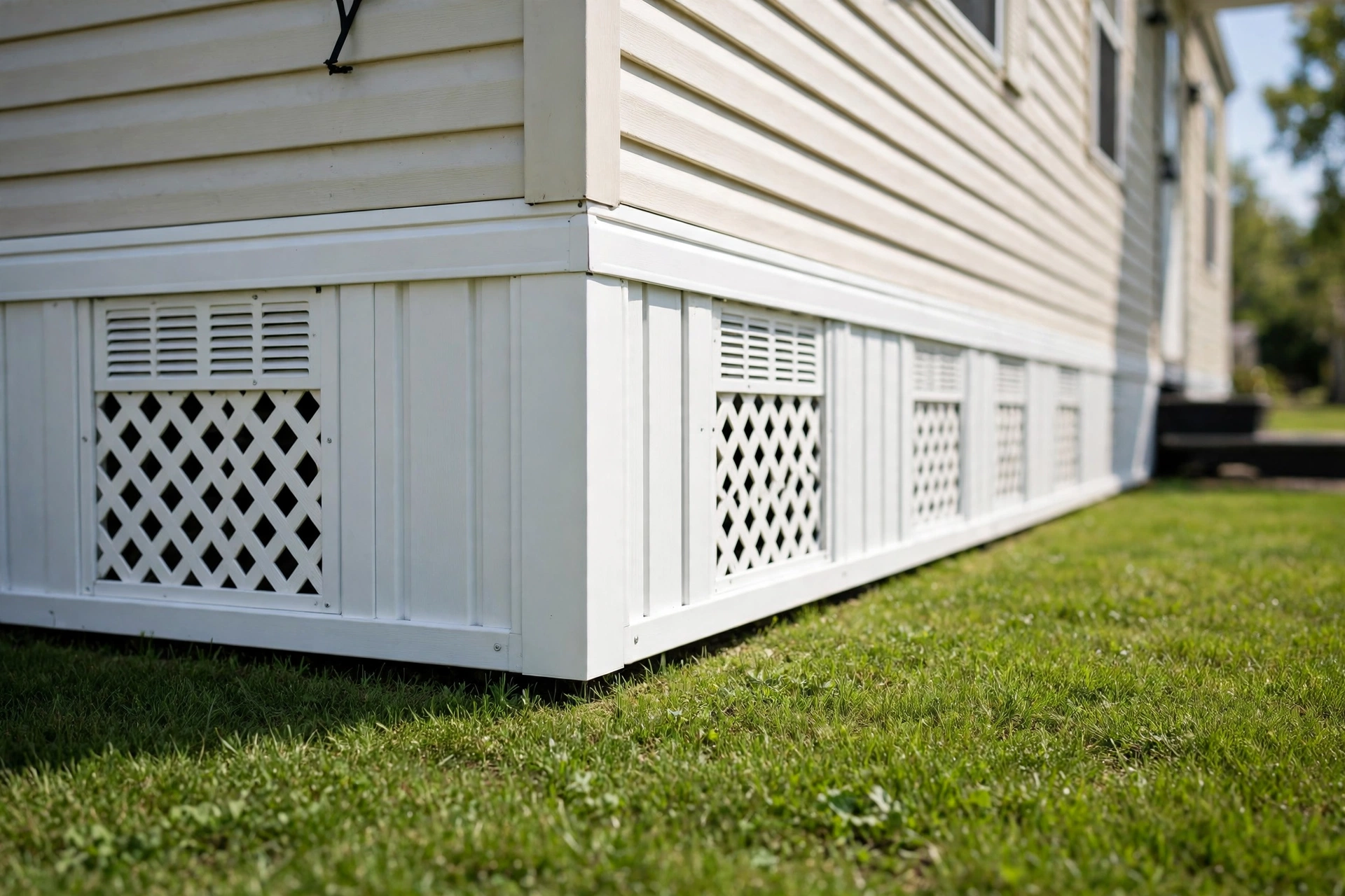 White vinyl skirting on a mobile home