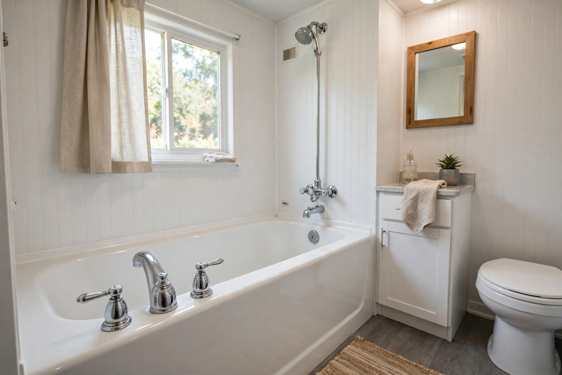 Chrome tub faucet in a mobile home bathroom
